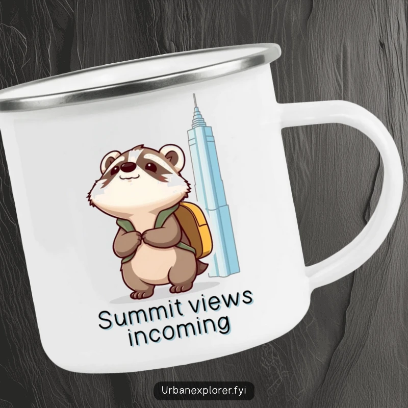 Funny Kawaii badger with a backpack, looking up at a skyscraper, printed on a sturdy camping mug.