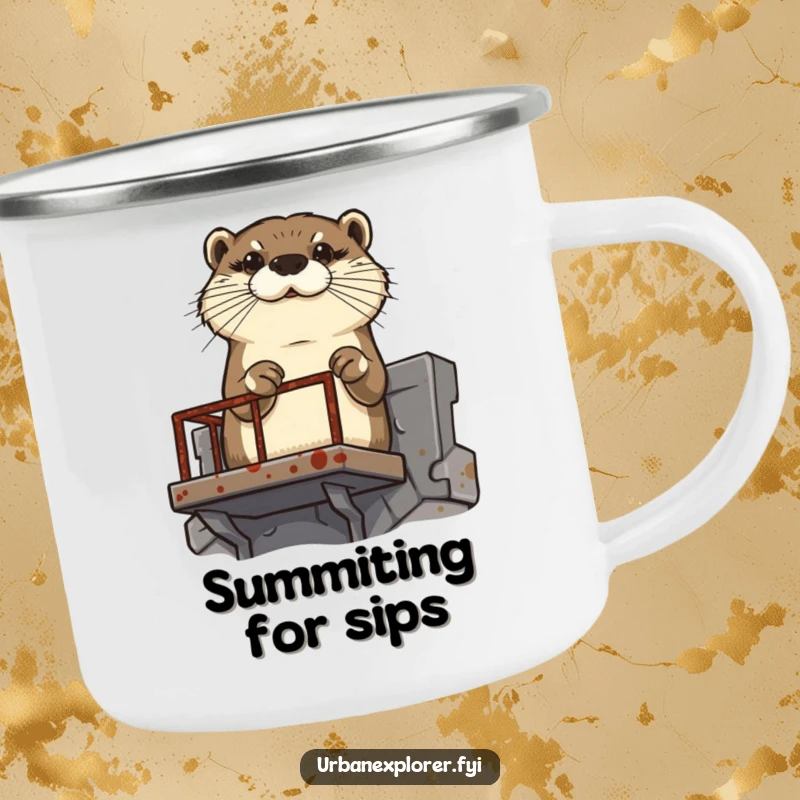 Funny determined otter climbing a rusty fire escape, on a rugged camping mug.