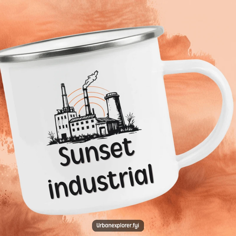 Funny factory camping mug, enamel cup, abandoned sunset, sketchy design, humorous gift for outdoorsman.