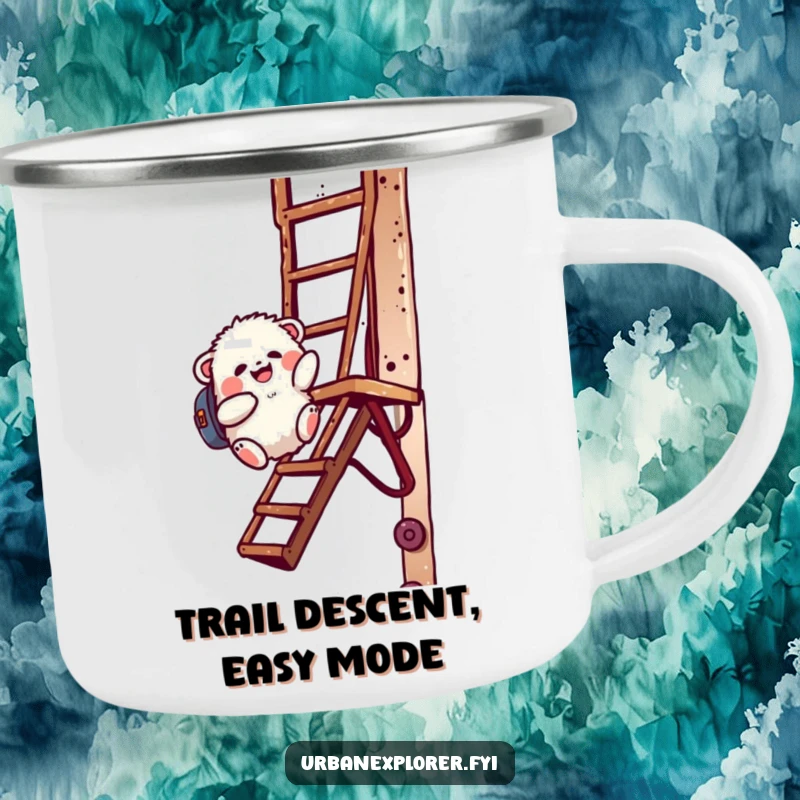 Funny creature with a backpack sliding down a fire escape on a rugged camping mug, perfect for outdoor drinks.