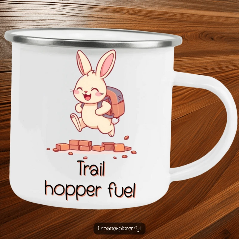 Funny smiling bunny with a backpack, leaping over tiny scattered bricks, a durable and humorous camping mug.