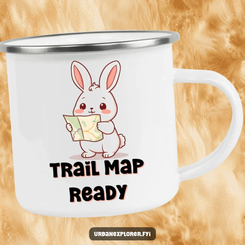 Funny Kawaii rabbit camping mug featuring a rabbit holding a map and pointing forward, ideal for outdoor journeys.
