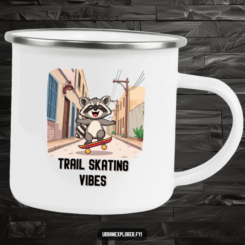 Funny Camping Mug: Joyful Kawaii raccoon riding a skateboard down a deserted alley, perfect for drinks on the go.
