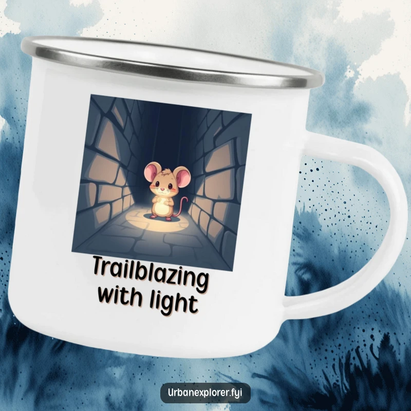 Funny Camping Mug: A tiny mouse with a headlamp shines its beam into a dark alley, for adventurous sips.