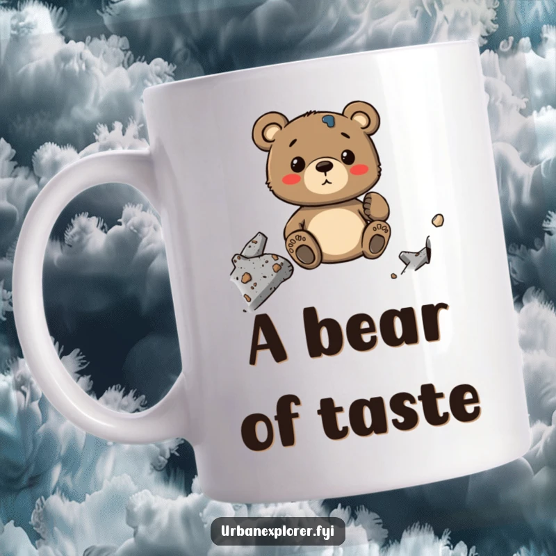 Funny Bear Mug: A whimsical cartoon bear gently touching rusted metal and weathered concrete in an industrial setting, looking thoughtful.