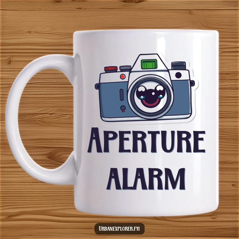 Funny retro camera with big, surprised cartoon eyes, looking startled, printed on a mug for comical appeal.