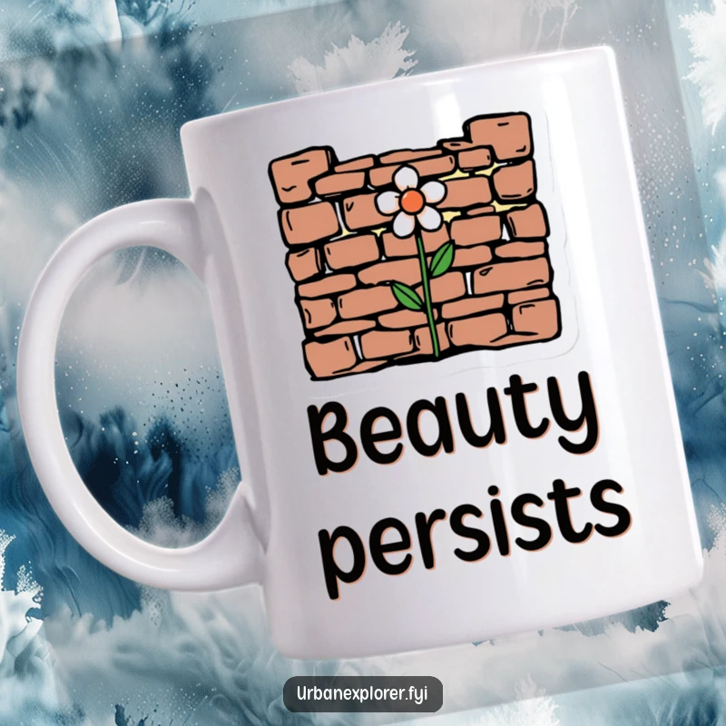 Funny minimalist drawing of crumbling brickwork with a single, delicate flower growing through it, representing hope on a mug.