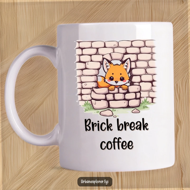 Funny Kawaii fox mug with a small, cute fox character peeking from behind a textured, crumbling brick wall.