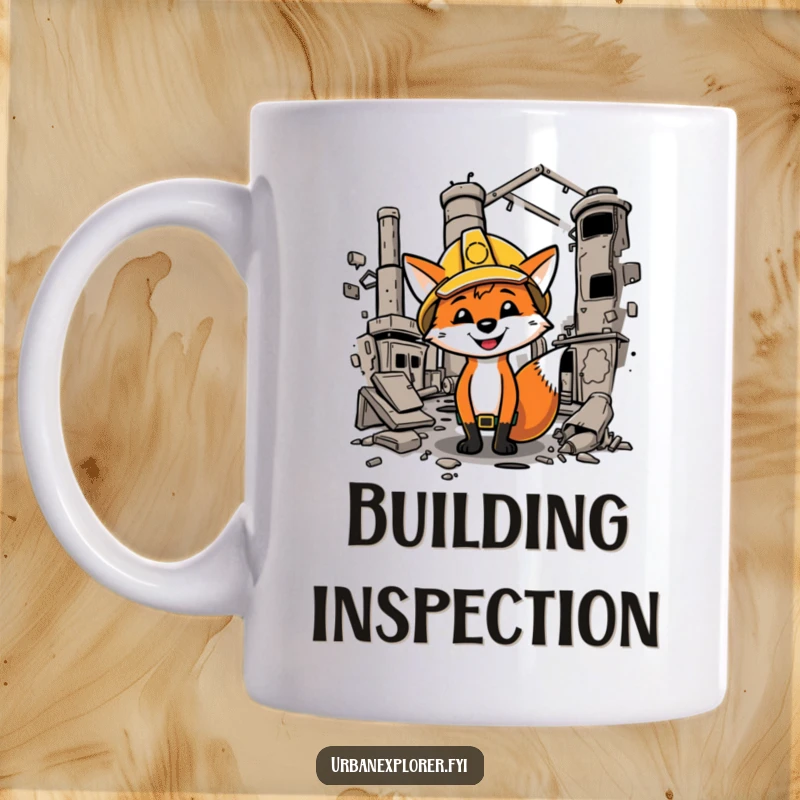 Funny fox wearing a hard hat, smiling as it explores a dilapidated factory, bringing industrial humor to your day.