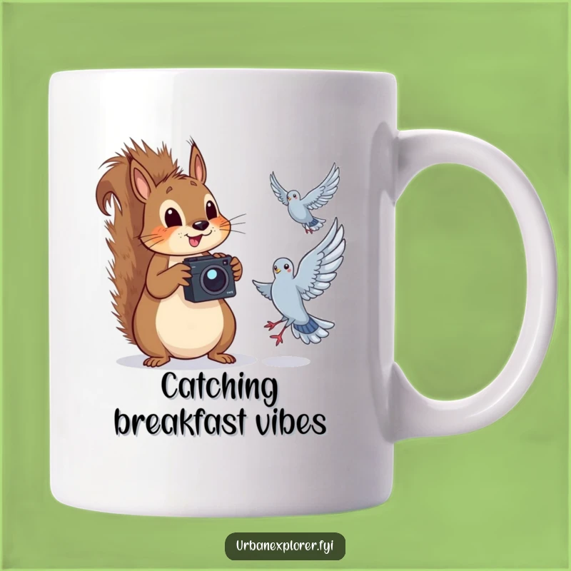 Funny Squirrel Photographer Mug: Hilarious Camera Captures Pigeon, Perfect Gift