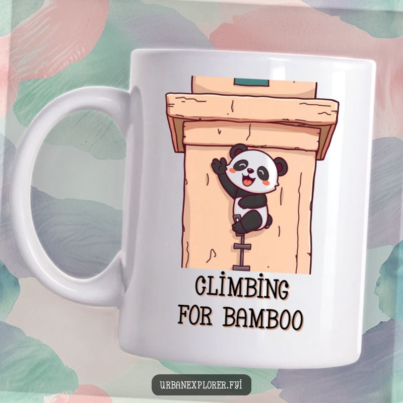 Funny kawaii mug featuring a panda joyfully scaling a tall, weathered building facade with determination and a smile.