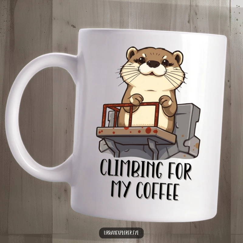 Funny determined otter scaling a rusty fire escape with focus, on a motivational ceramic mug.