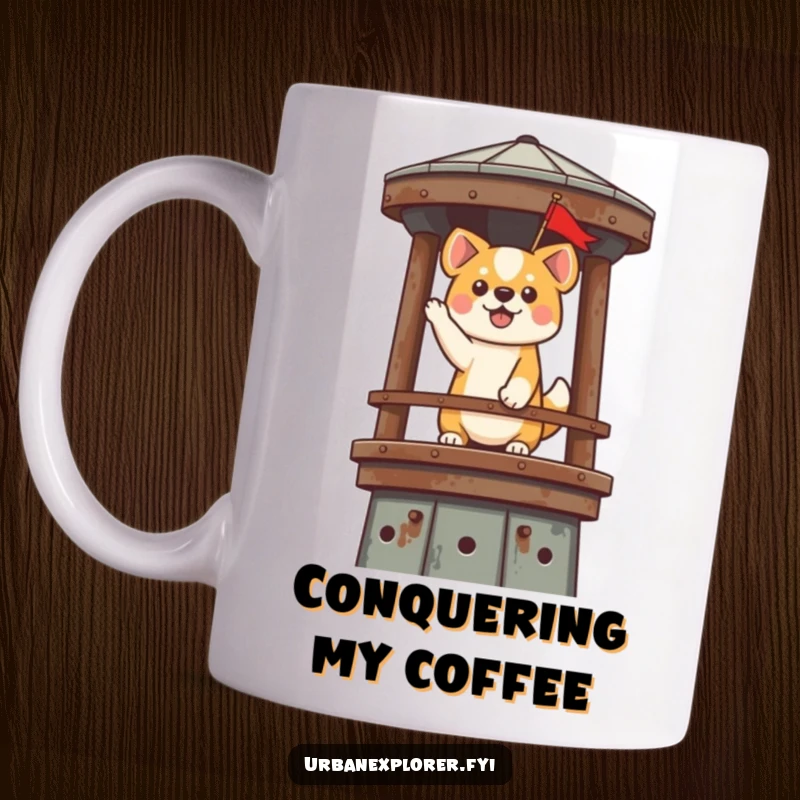 Funny Kawaii Dog Mug: A cute dog triumphantly plants a tiny flag on a rusty water tower, embodying playful achievement.