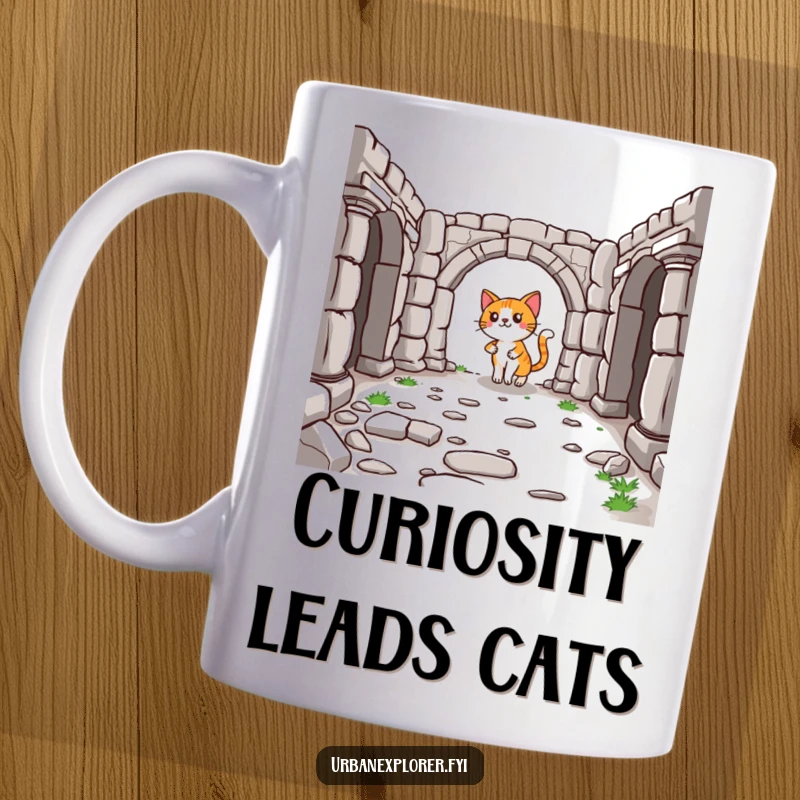 Funny Cat Mug: A lighthearted cartoon cat curiously exploring the ruins of a historical place, looking agile and amused.