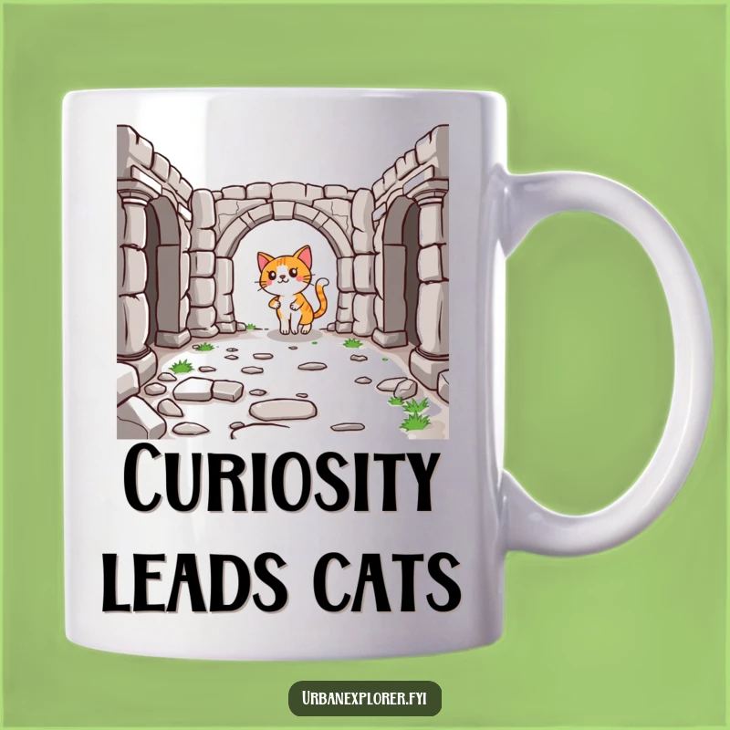 Funny Cat's History Tour Mug: Ruins Navigation, a Quirky Gift
