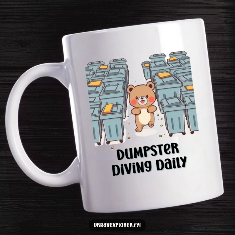 Funny little bear bravely navigating a maze of dumpsters with a look of delight, on a mug.