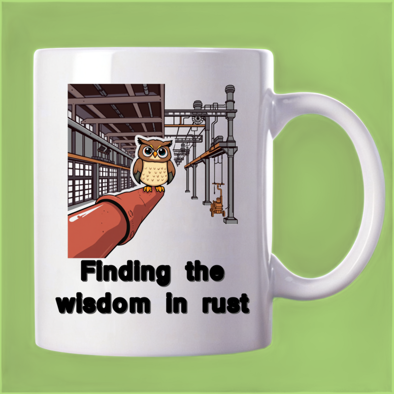 Owl in Industrial Complex Mug: Wise Observation