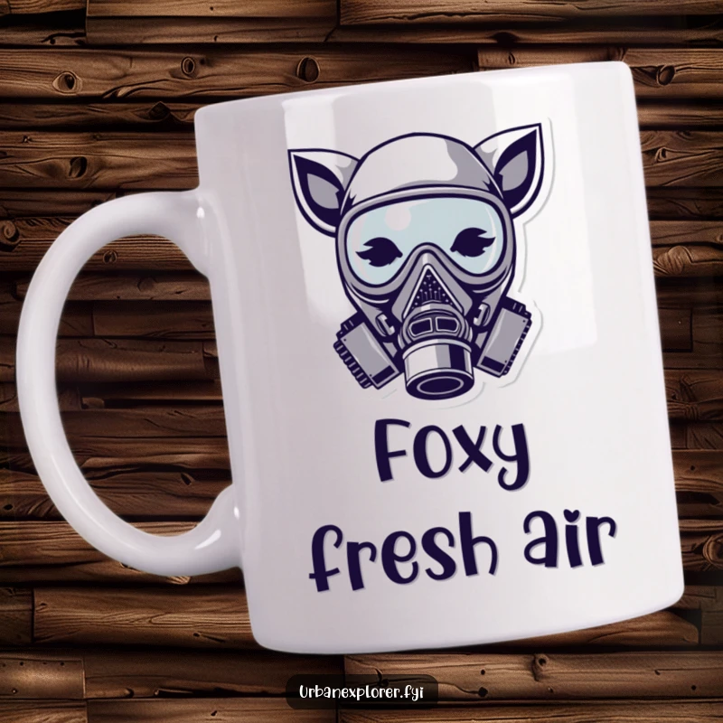 Funny gas mask mug, cute animal ears, stylized mask, quirky drinkware, humorous gift for edgy friend.