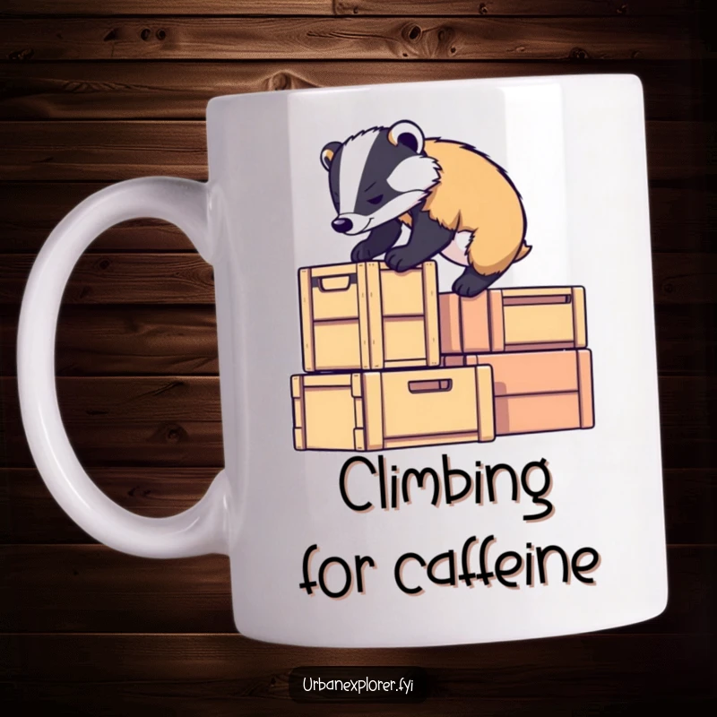 Funny, determined badger character climbing stacked crates with a focused look, symbolizing ambition and perseverance, perfect for a funny gift.