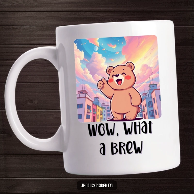 Funny, delighted bear character pointing upwards at a surreal, colorful sky above buildings, conveying wonder and joy, perfect for a funny gift.