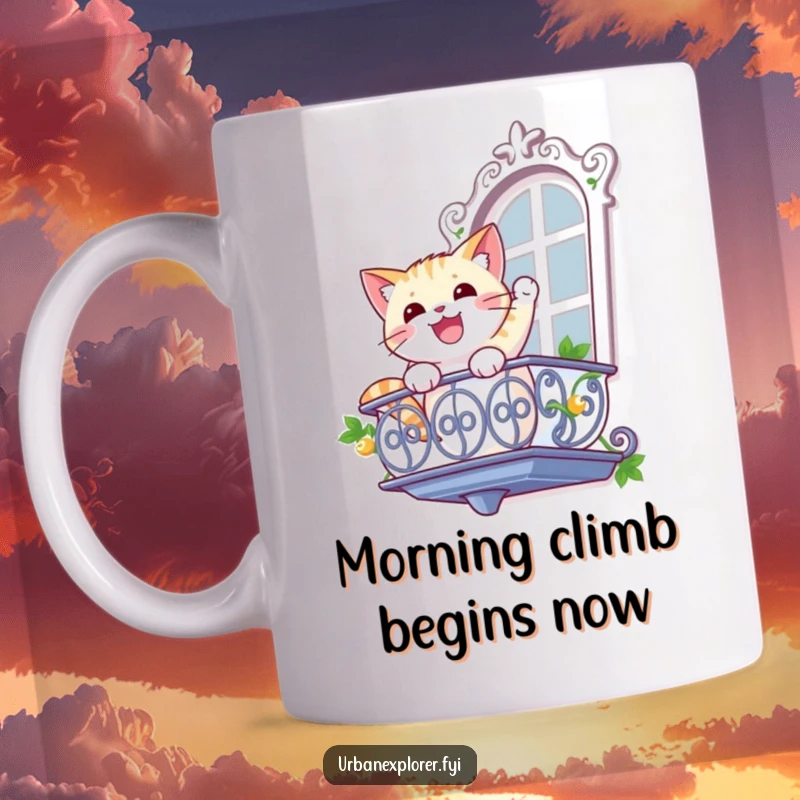 Funny cat mug showing a gleeful feline rappelling down a balcony with intense determination and a quirky attitude.