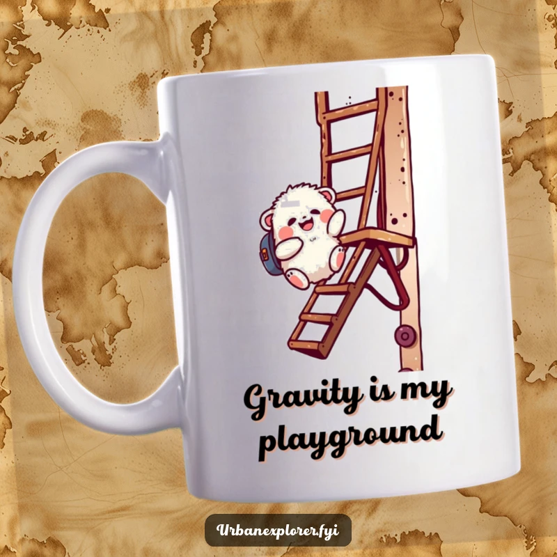 Funny fluffy creature with a backpack gleefully sliding down a rusty fire escape, depicted on a fun coffee mug.