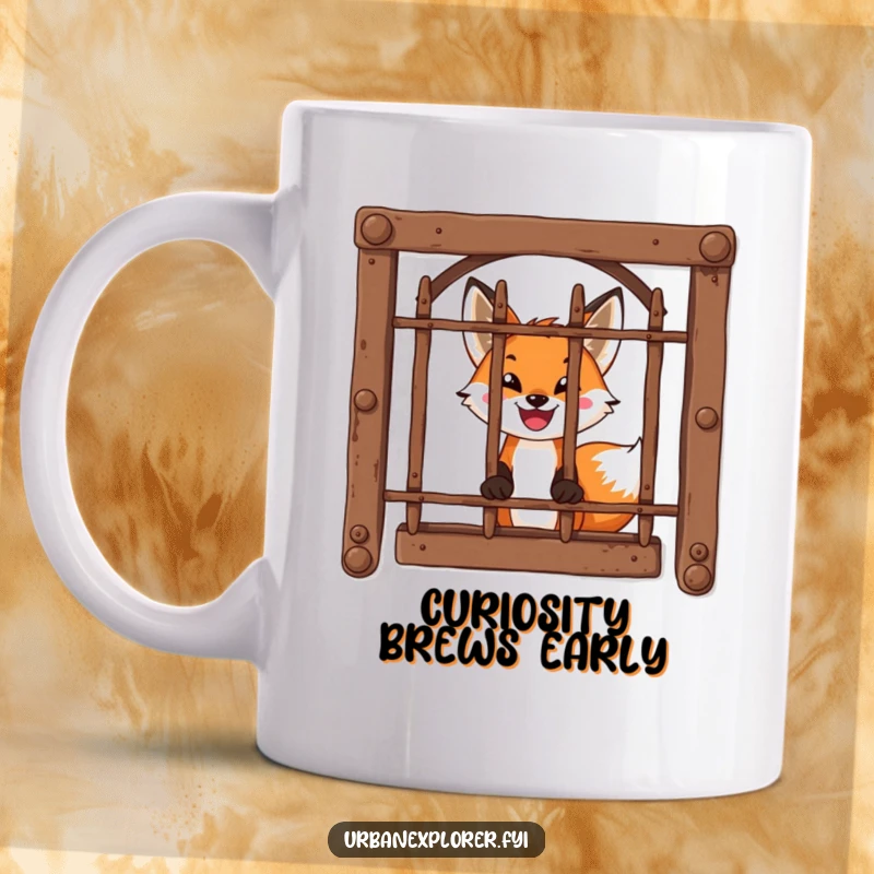Funny Mug: A brave, smiling fox peeks excitedly through a rusty, barred window, hinting at adventure.