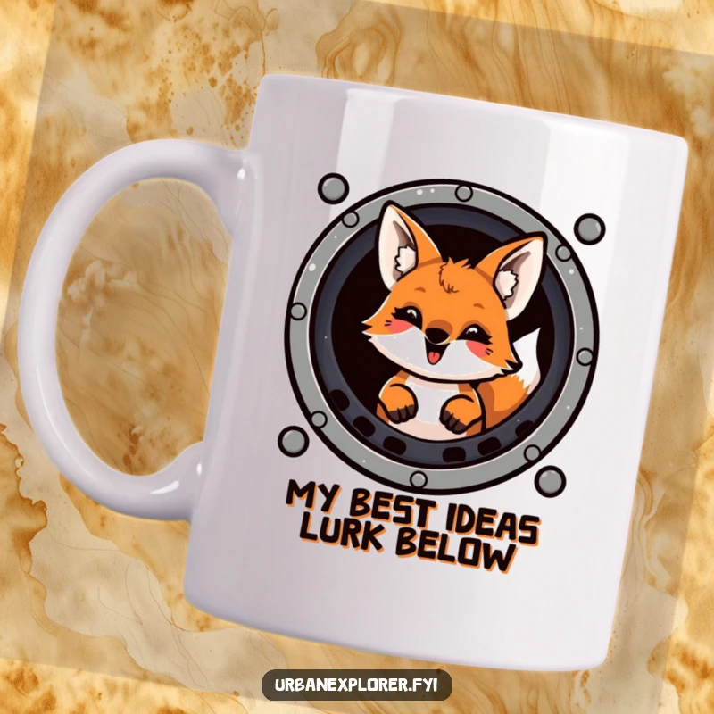 Funny fox peeking from a sewer grate with a playful grin, an amusing design on a ceramic mug.