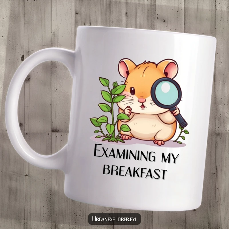Funny hamster mug, a curious hamster with a magnifying glass, examining a tiny overgrown weed, a tiny investigator.