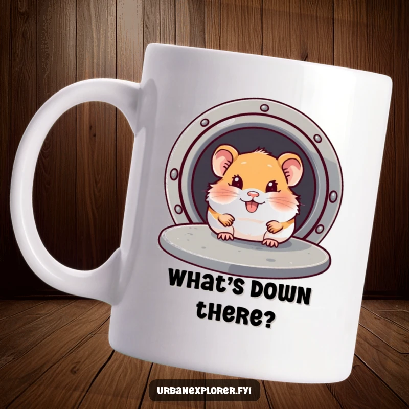 Funny Hamster Mug: Smiling hamster peeking from under a loose manhole cover, symbolizing hidden secrets and playful discovery.