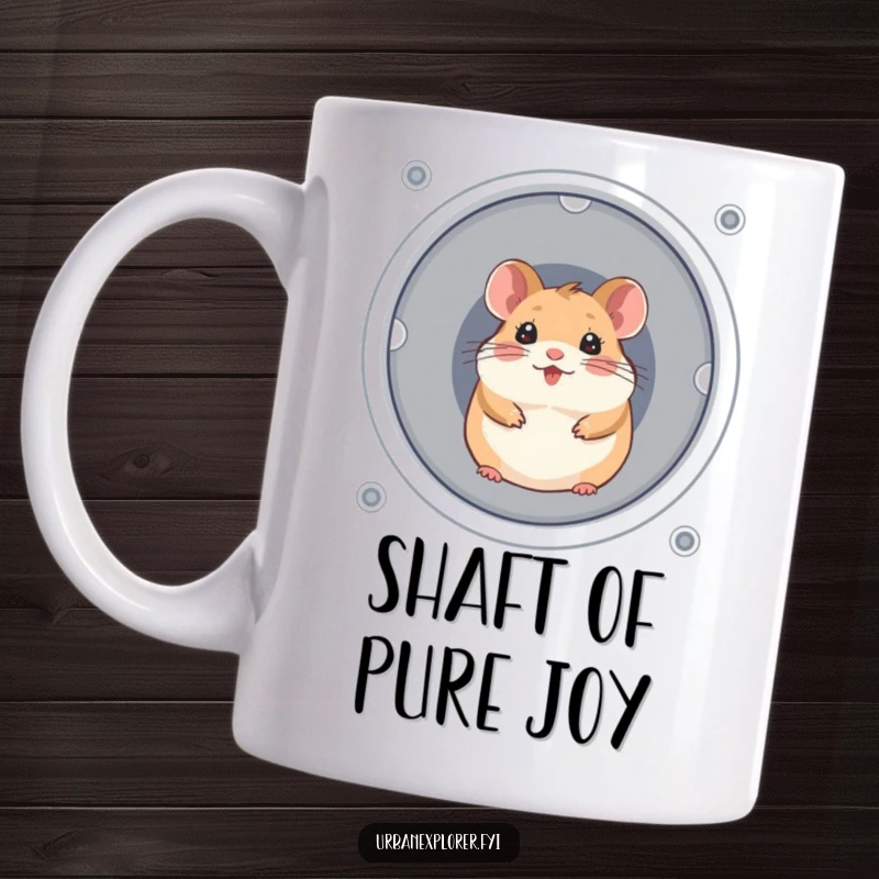 Funny, cheerful hamster peeking out from a ventilation shaft opening, on a mug.