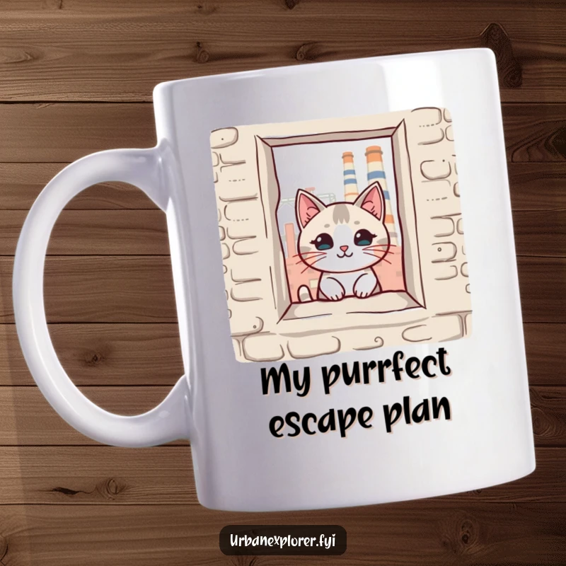 Funny Kawaii cat peeking through a broken window of an old factory, looking curious and a little mischievous, perfect for a funny gift.