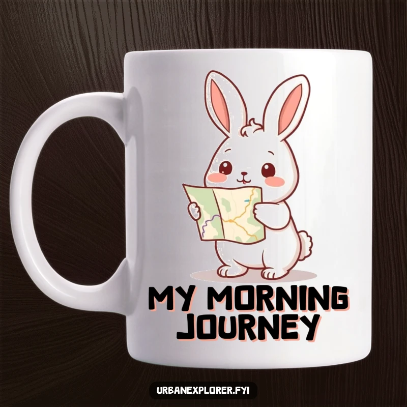 Funny Kawaii rabbit mug showing a tiny, excited rabbit holding a map and pointing forward with enthusiasm.