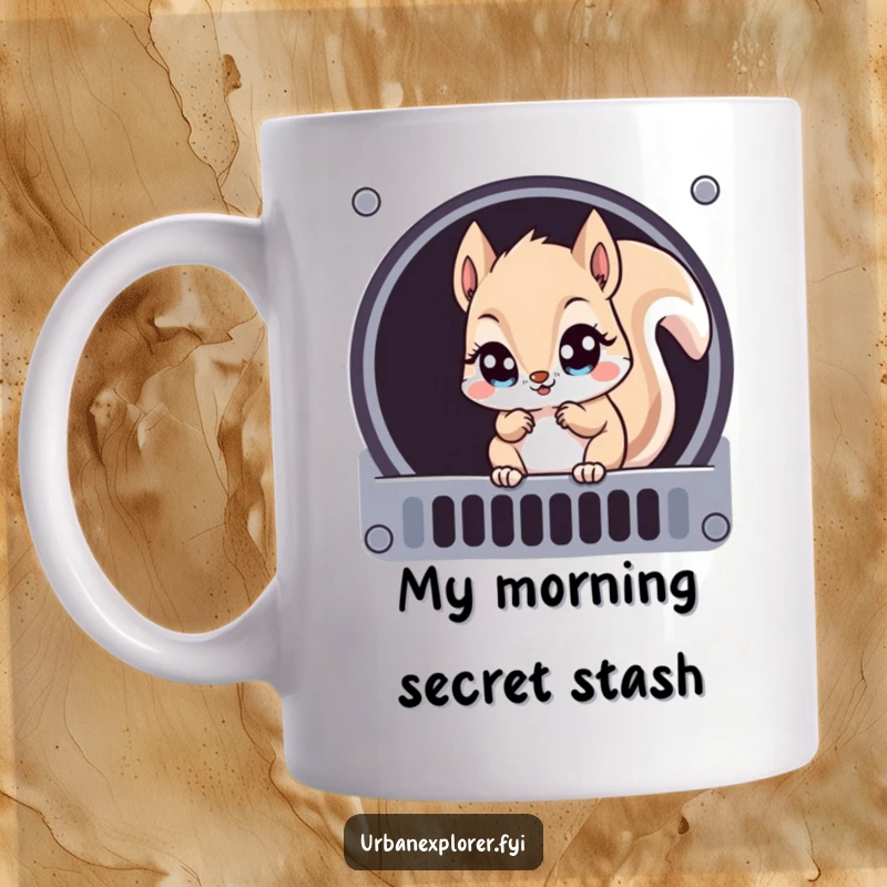 Funny Kawaii squirrel peeking curiously through a metal ventilation grate, wide-eyed and mischievous, on a ceramic mug.