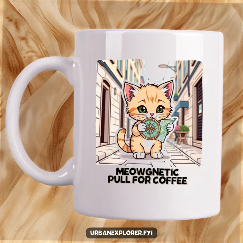 Funny Kitten Alley Map Mug: Playful kitten with compass on a city map, exploring urban adventures, perfect funny gift.