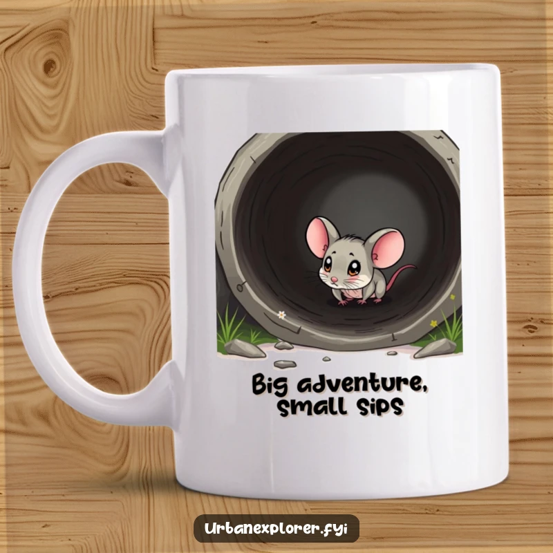 Funny mouse mug showing a tiny mouse exploring a large pipe with wide, curious eyes, evoking wonder and humor.