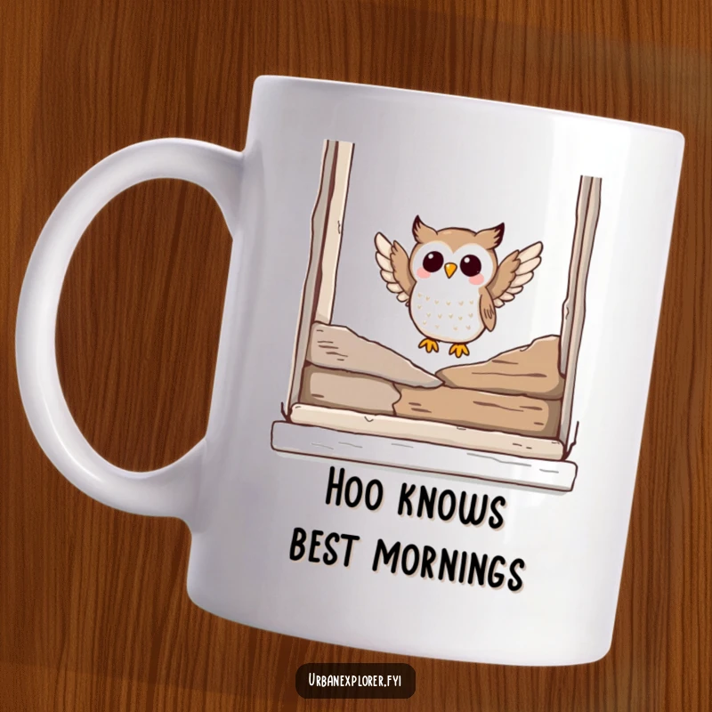 Funny owl mug featuring a joyful owl landing on a broken window ledge, looking wise and cheerful, perfect for bird lovers.