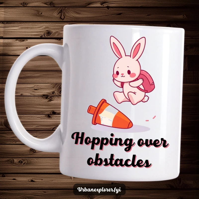 Funny pink bunny mug showing a determined pink rabbit wearing a backpack, jumping over an upside-down traffic cone.