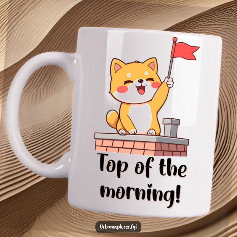 Funny delighted Shiba Inu dog proudly planting a tiny flag on a rooftop, celebrating a grand achievement.