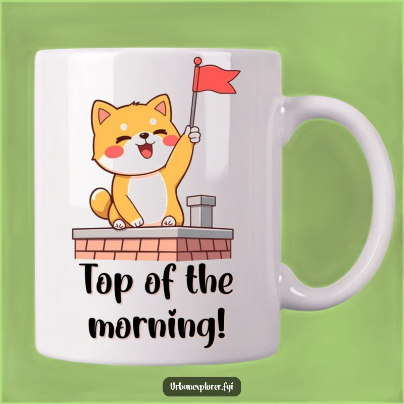 Funny Shiba Inu Flag Mug: Delighted Dog's Rooftop Triumph, Perfect Funny Gift for Dog Lovers