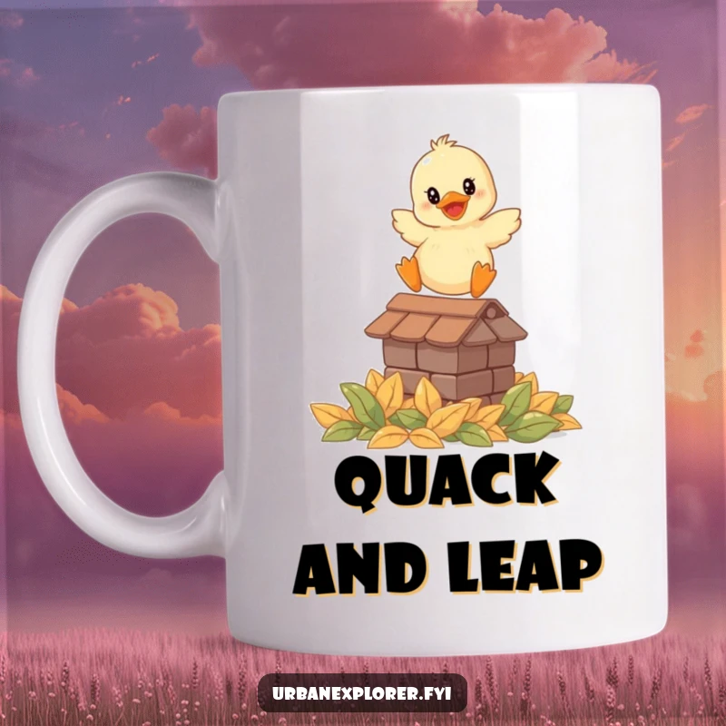 Funny mug showcasing a smiling duckling leaping from a rooftop onto a pile of leaves, radiating happiness and courage.