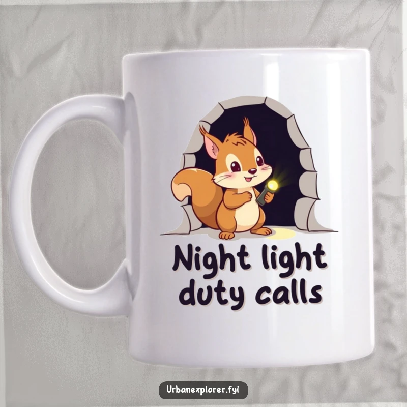 Funny squirrel mug bravely shining a tiny flashlight into a dark doorway, ready for an epic adventure.