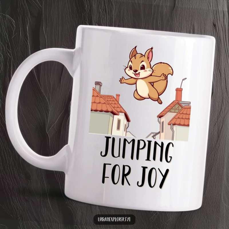 Funny mug featuring a determined squirrel leaping between distant rooftops, capturing a spirit of energetic ambition.