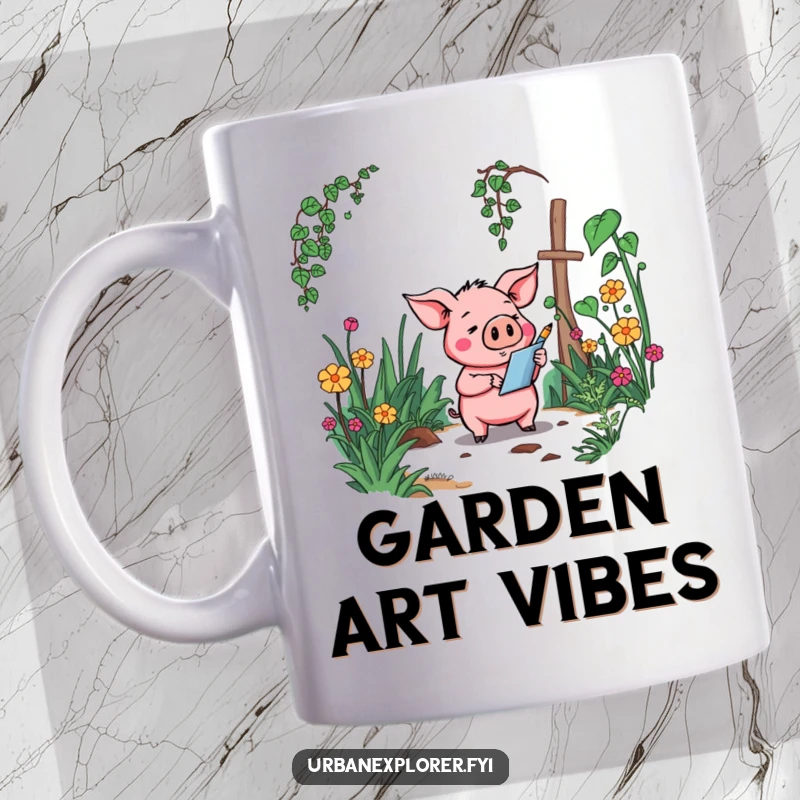 Funny Pig Mug: A goofy cartoon pig diligently sketching an overgrown, forgotten garden, looking inspired and happy.