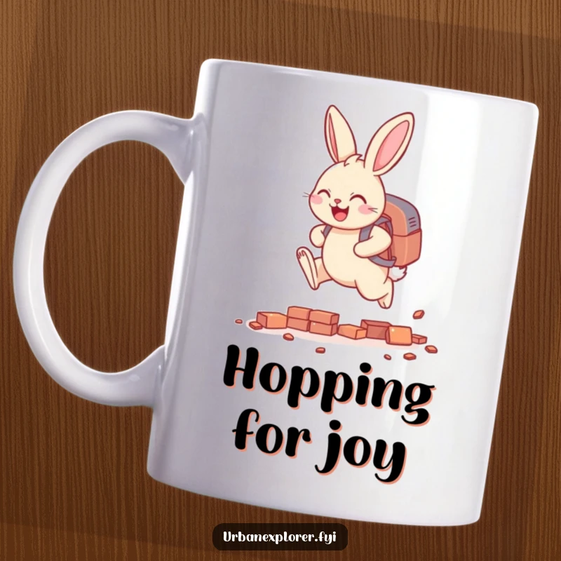 Funny smiling bunny wearing a backpack, leaping joyfully over tiny scattered bricks, a motivational and humorous mug.