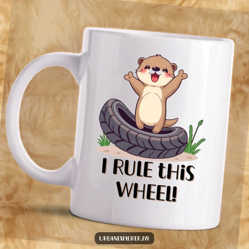Funny Otter Mug: Delighted otter balancing on a tire with a triumphant gesture, celebrating victory and aquatic antics.