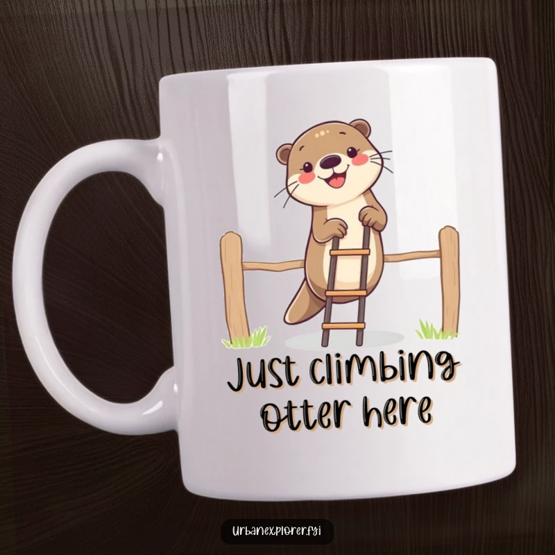 Funny otter character joyfully using a tiny ladder to overcome a fence, symbolizing determination and quirky humor.