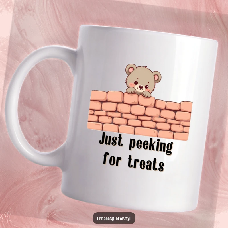 Funny Bear Cub Mug: A tiny, adorable bear cub peeks curiously over a crumbling brick wall, full of mischief.