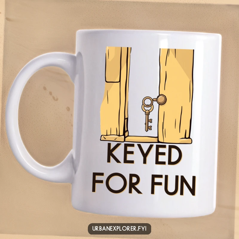 Funny whimsical key turning in the lock of a creaky, old wooden door, conveying mystery and humor on a mug.