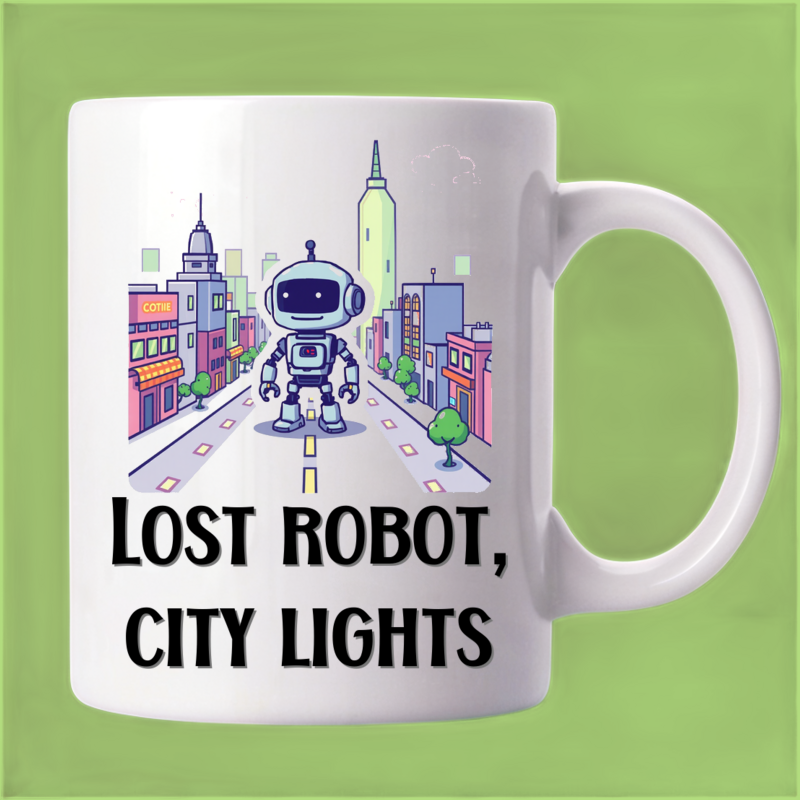 Lost Robot Mug: Pixelated Cityscape 